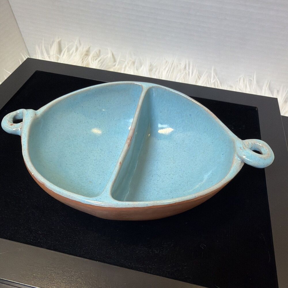 Vintage Pictou N.S. Studio Pottery Divided Serving Dish, Turquoise Glaze 8"